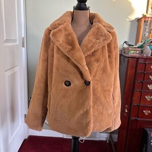 INS Camel Teddy Bear Coat - Double Breasted Faux Fur Jacket Size S/M Super Soft
